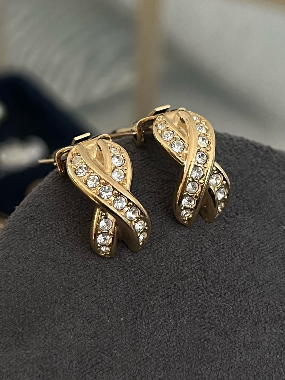 Authentic Vintage Dior Classic X's Cross Rhinestone Gold Clip-On Earrings